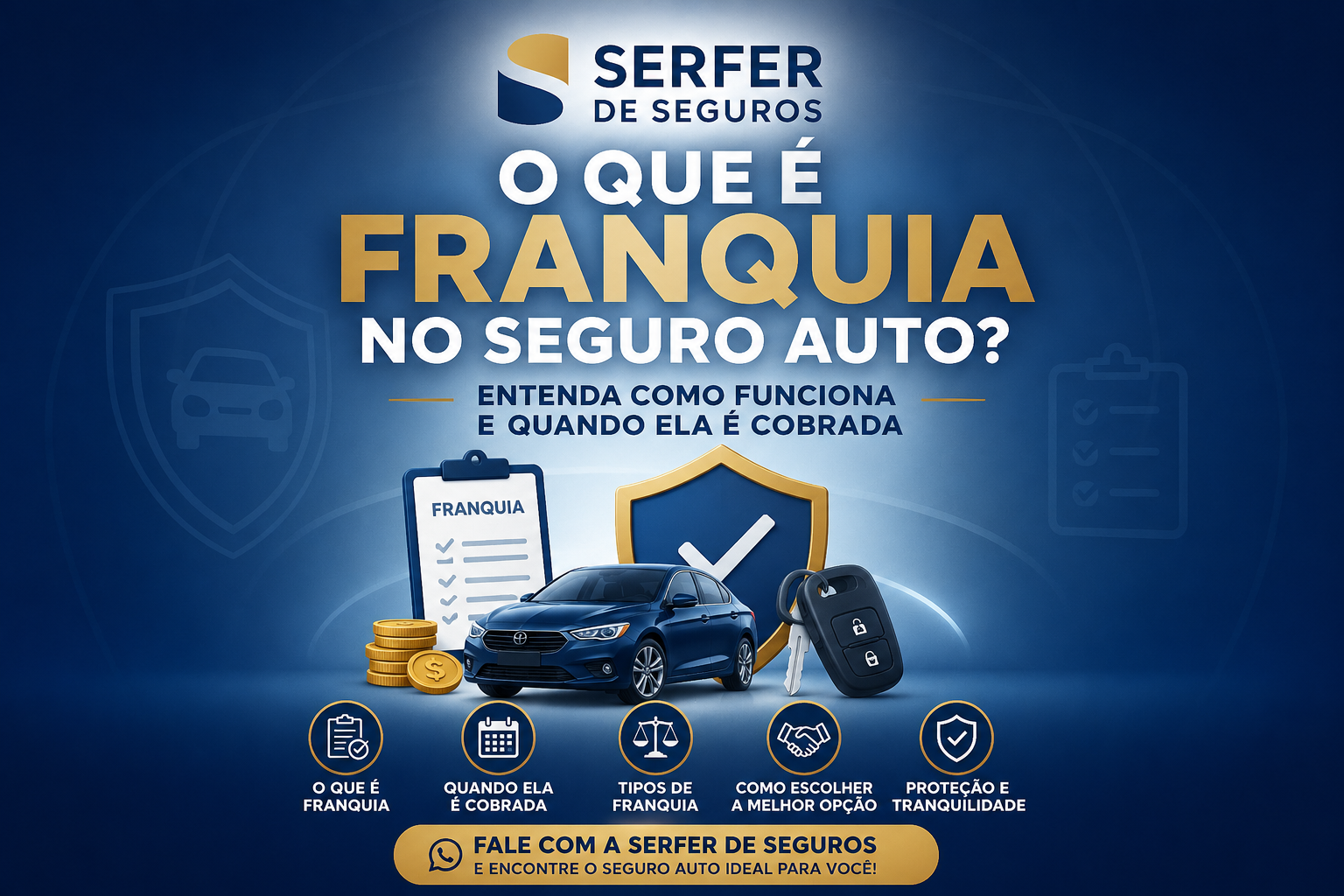 Ilustração explicando o que é franquia no Seguro Auto, mostrando veículo, escudo de proteção, chave do carro e documento de franquia. Imagem da Serfer de Seguros sobre como funciona a franquia no seguro de automóvel.