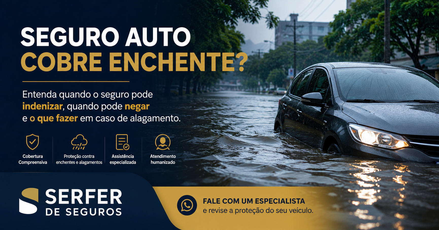 Carro alagado em enchente urbana ilustrando quando o seguro auto pode cobrir danos