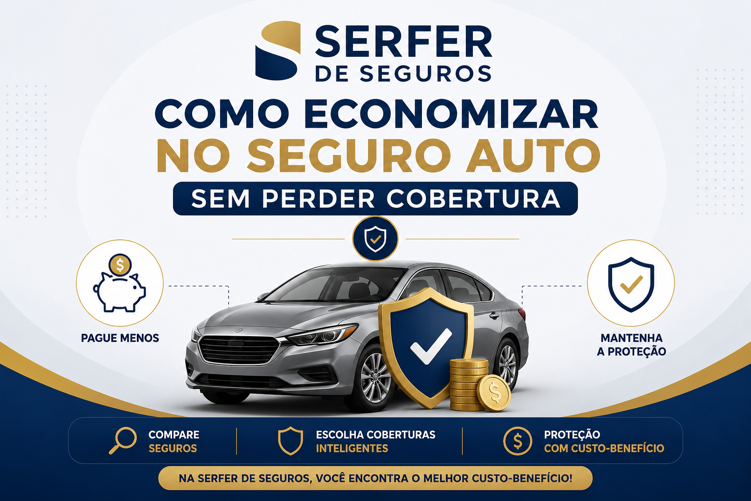 Como economizar no Seguro Auto sem perder cobertura. Imagem destacada da Serfer de Seguros com automóvel, escudo de proteção, moedas e dicas para contratar um seguro com melhor custo-benefício.