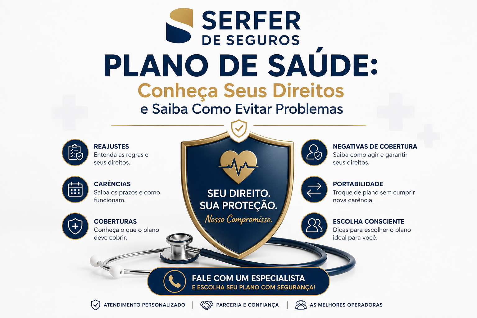 Imagem destacada da Serfer de Seguros sobre plano de saúde, explicando os direitos do consumidor, cobertura, reajustes, carências e como evitar problemas na contratação.