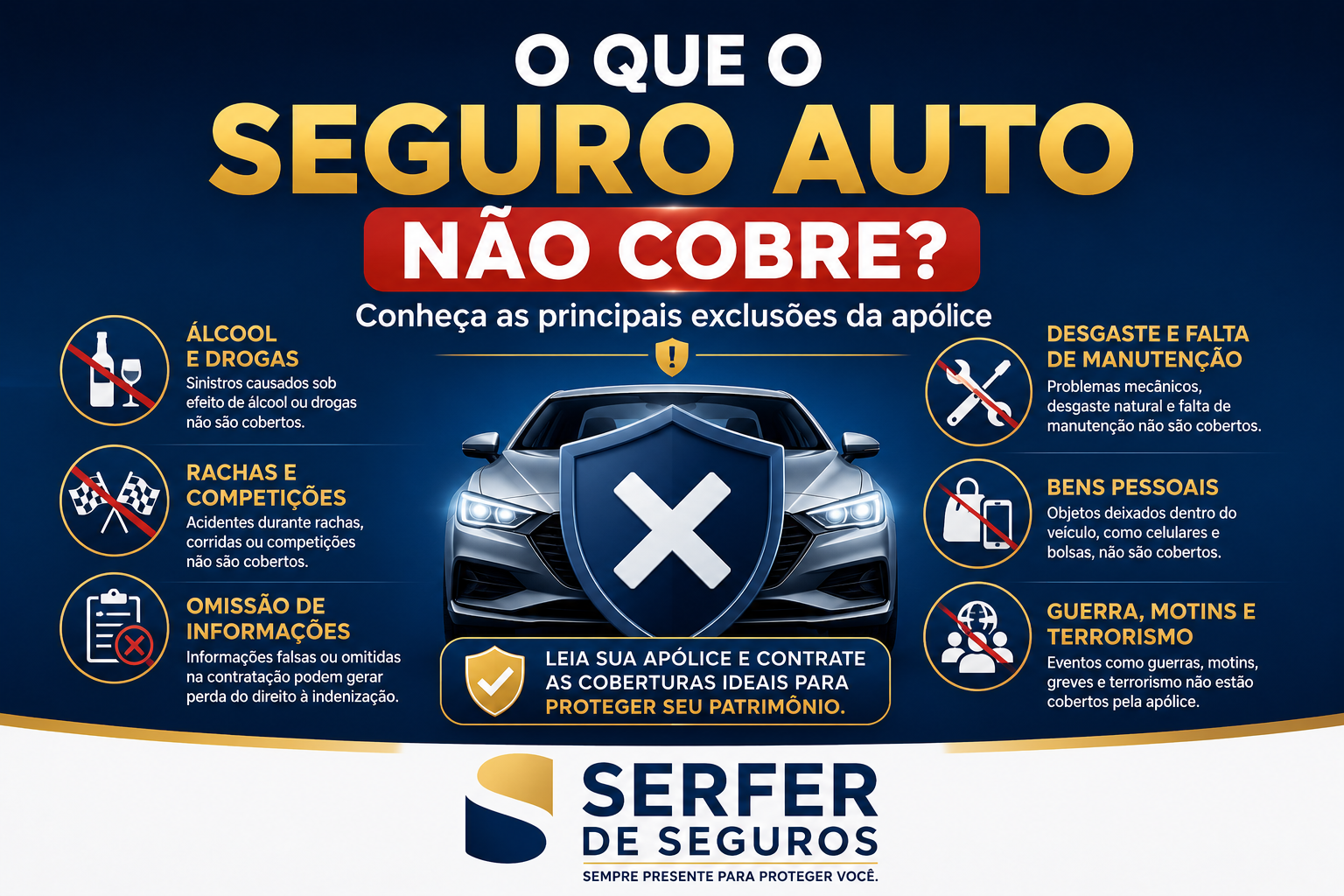 O que o Seguro Auto não cobre? Conheça as principais exclusões da apólice e evite prejuízos com orientação da Serfer de Seguros.